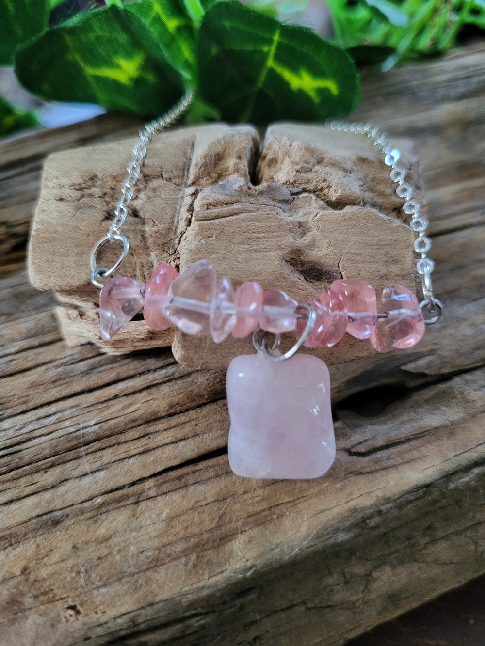 Rose Quartz Pink Beaded Bar Necklace